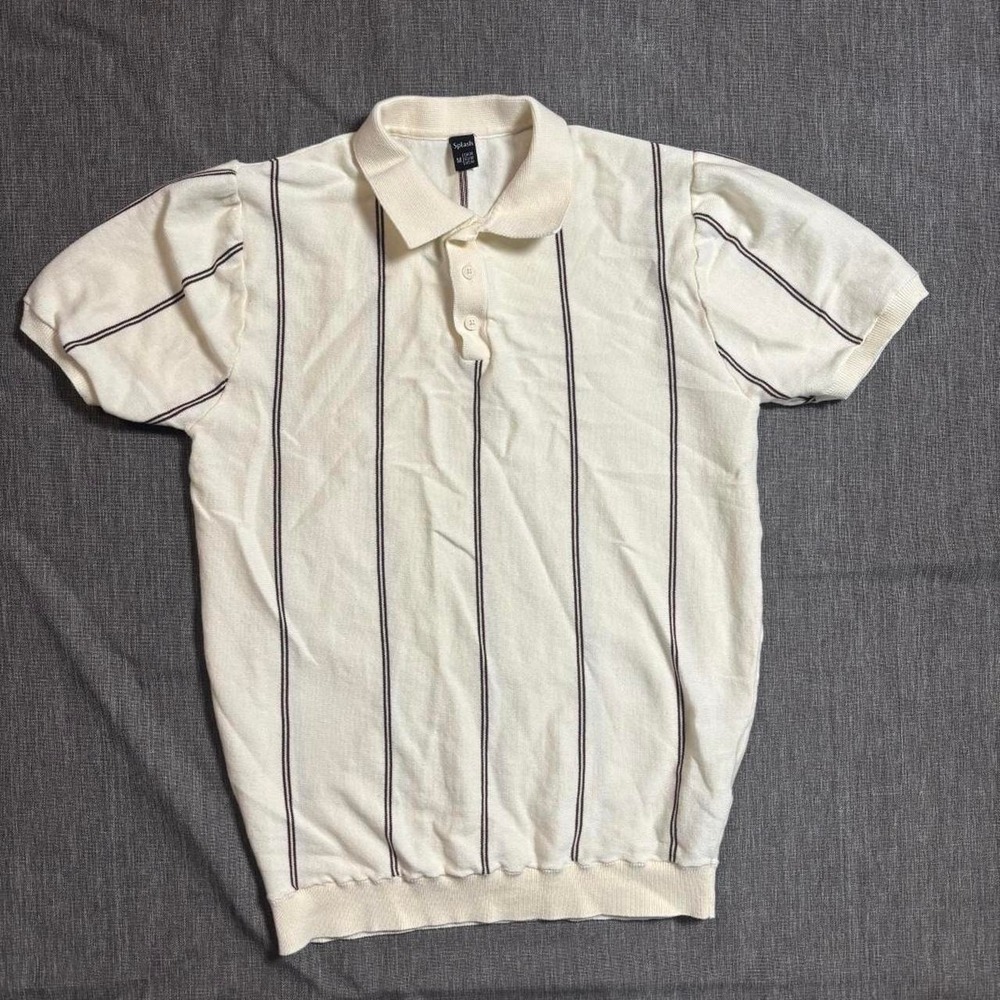 Cream and Brown Lined Splash Polo Shirt - M